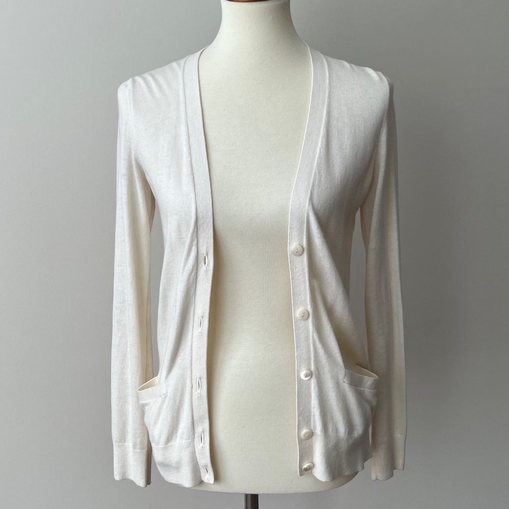 Ann Taylor White/Cream Long Sleeve Cardigan Sweater w/ Buttons & Pockets Size XS